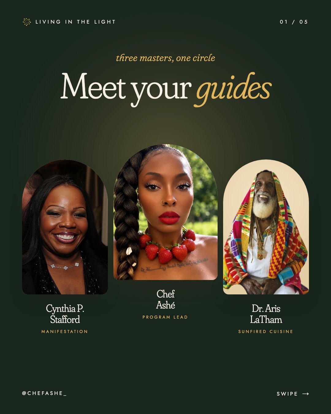 Living In The Light retreat flyer: Meet your guides. Cynthia P. Stafford, manifestation; Chef Ash&eacute;, program lead; Dr. Aris LaTham, Sunfired cuisine.